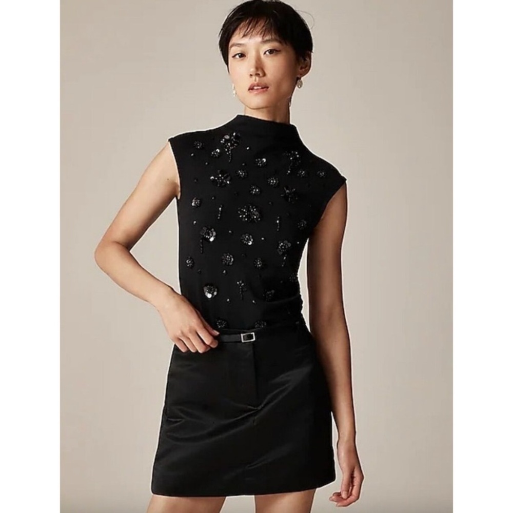 NWT J. Crew Stretch Cotton Mockneck Floral Embellished Sequin Black 3X